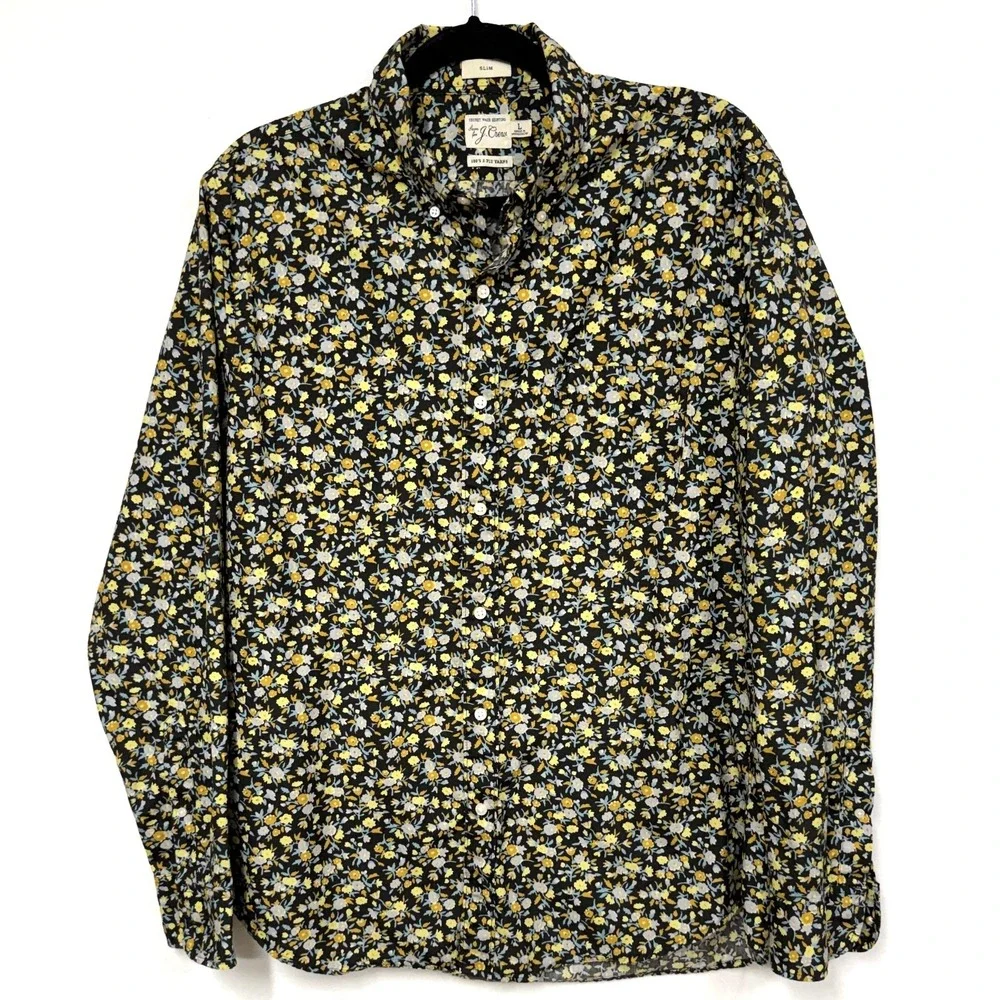 J Crew Shirt Men's Large Dark Floral Cotton Secret Wash Slim Button-Down Casual